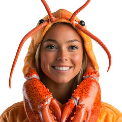 Front view of a woman in a lobster costume smiling, studio shot, isolated on a white transparent background