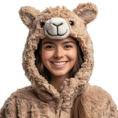 Front view of a woman in a llama costume smiling, studio shot, isolated on a white transparent background