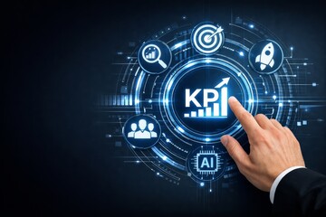 Fototapeta premium Business KPI performance concept with futuristic digital interface on screen. Ai generative