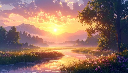 朝焼けに輝く山と川の幻想風景