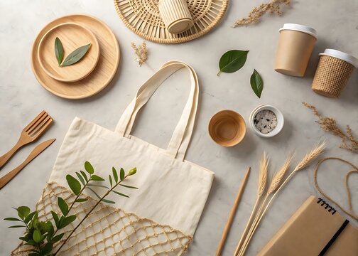 Eco friendly lifestyle products and sustainable living essentials on a table including reusable bags bamboo utensils and recyclable containers