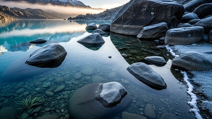 Serene Mountain Lake with Clear Water and Boulders at Dawn.