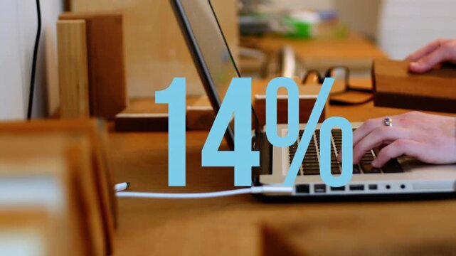 Animation of 88 percent over caucasian woman using laptop