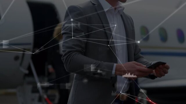 Animation of network of connections over businessmen using smartphone at the airport
