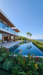 Fototapeta premium Luxury tropical villa with stunning infinity pool overlooking ocean