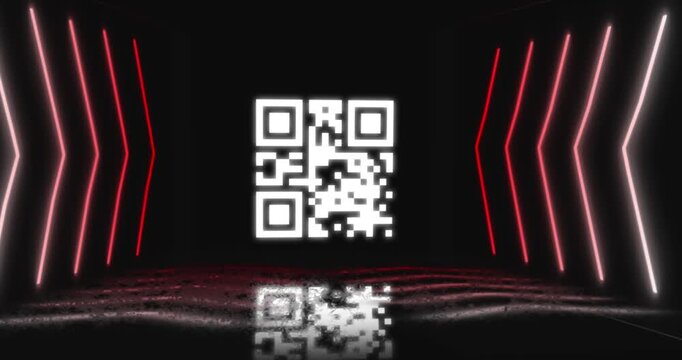 Animation of qr code over neon shapes on black background
