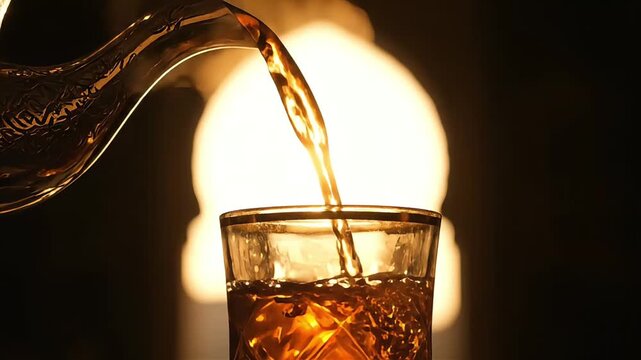 Extreme close-up of hot Moroccan mint tea pouring from a silver pot into a gold-rimmed glass. Golden sunlight hits the steam and liquid, creating cinematic refractions against a blurred background.