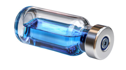 Transparent medical glass vial filled with blue liquid isolated for healthcare pharmaceutical laboratory vaccine research concept on white background