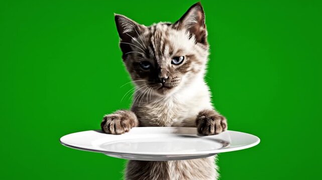 A Siamese cat with paws on a white plate against a bright green background
