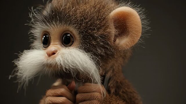 Adorable monkey toy with white beard closeup.