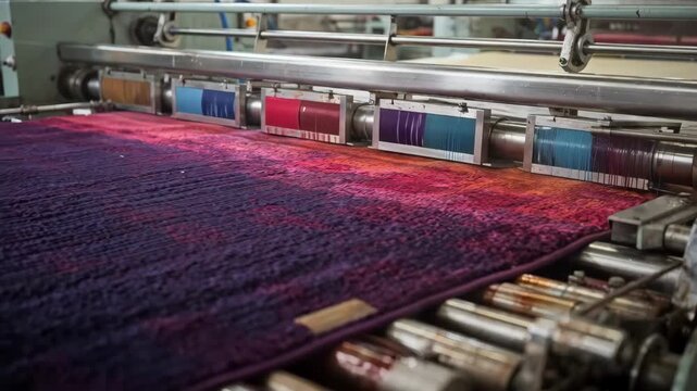 Medium shot capturing ombre carpet dyeing process with screens creating seamless color transition on raw fabric in industrial setting.