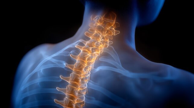 An x-ray of a spine highlighting vertebrae alignment and potential issues, displaying the vital contribution of x-ray imaging in chiropractic evaluations and spinal health assessments. cinematic