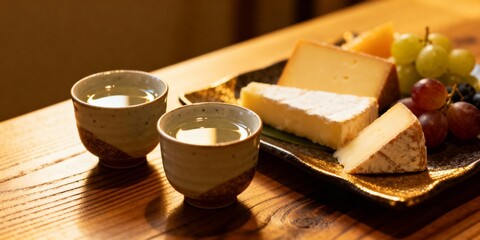 Two sake cups and a cheese plate placed on a wooden table