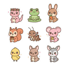 Obraz premium Cute kawaii woodland animal characters set with rabbit, frog, squirrel, chick, mouse, and grasshopper