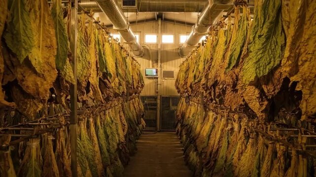 Medium shot inside bulk tobacco barns highlighting dense rows of leaves suspended on racks showcasing largescale drying with uniform airflow and humidity control.