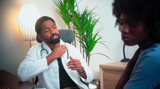 Sore throat, consultation and man by doctor in hospital for flu, cold or cough illness. Healthcare, sick and patient with medical worker for checkup with bacterial infection, laryngitis or allergies