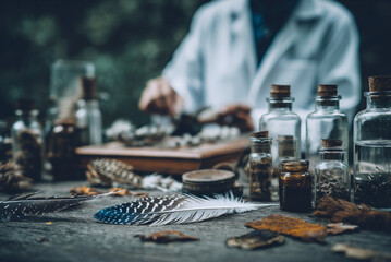 Obraz premium Scientist studying bird feathers on table outdoors, research and conservation theme.