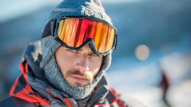 Young caucasian male skier in winter gear with reflective goggles.