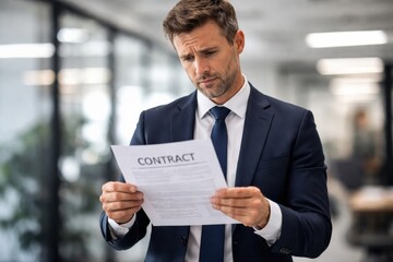 Business Professional Reviewing a Contract in a Modern Office During a Workday in a Bustling Corporate Environment