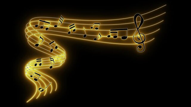 Golden treble clef. Musical notes flow. Glowing staff line. Neon melody loop. Rhythmic motion. Elegant music art. Sound wave visual. Gold audio theme. Wavy music staff. Digital harmony.
