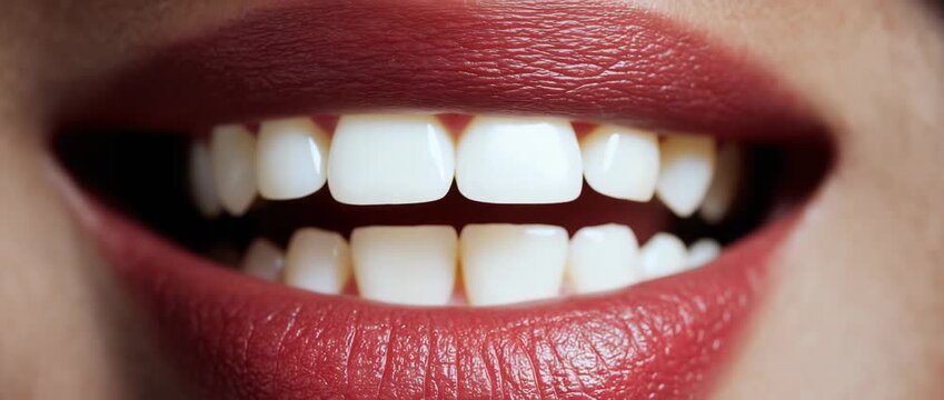 Close-up of Full Female Lips with Coral Pink Lipstick and Natural Skin Texture