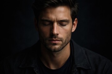 Fototapeta premium Portrait of a Man With Closed Eyes, Deep Focus on His Facial Features in a Dim Setting, Conveying a Sense of Introspection and Calmness