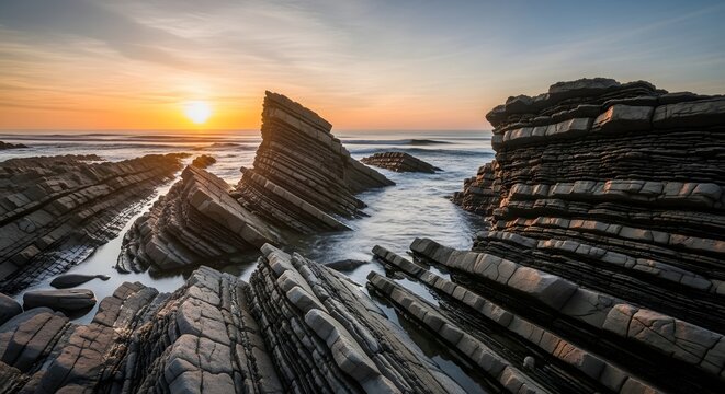 Dramatic sunset over the unique layered rock formations of the Flysch Route in Zumaia Basque Country Spain with ocean waves.