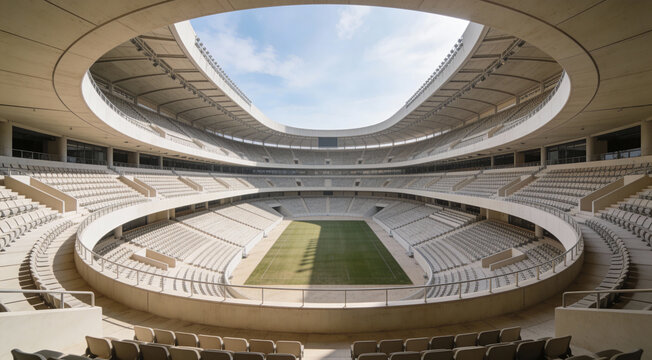 Modern empty stadium with tiered seating and grass field, designed for soccer or rugby. Ideal for sports, architecture, or event venue visuals
