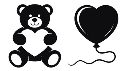 Naklejka premium Black Silhouette of a Bear Holding a Heart and a Heart- Shaped Balloon