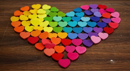 Obraz premium Colorful foam hearts arranged in a large heart shape on a wooden surface rainbow