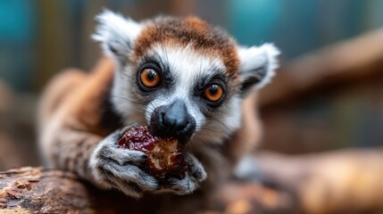 Fototapeta premium A close-up of a lemur holding a piece of fruit showcases its expressive eyes and unique features, highlighting the beauty of wildlife and its natural behaviors in a lush environment.