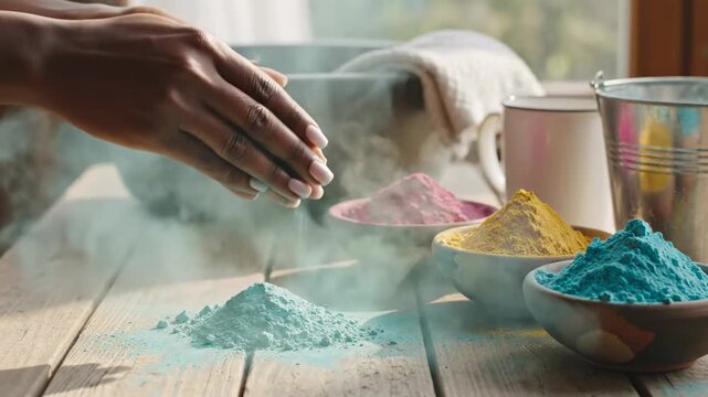 Hands Pouring Vibrant Blue Powder Onto A Wooden Table Amidst Colorful Holi Powders In Bowls With Soft Natural Light Creating A Festive Atmosphere