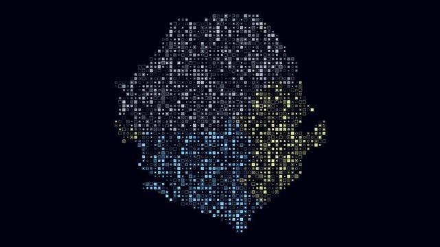Sierra Leone animation. Shape of the country with pulsating colored dots. Small size square blocks. Digital style Sierra Leone map on dark background. Plain video.