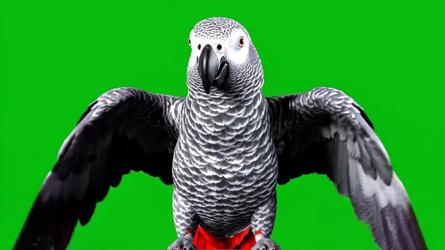 African grey parrot spreading wings animation green screen chroma key tropical bird exotic pet intelligent avian species wildlife concept animal behavior