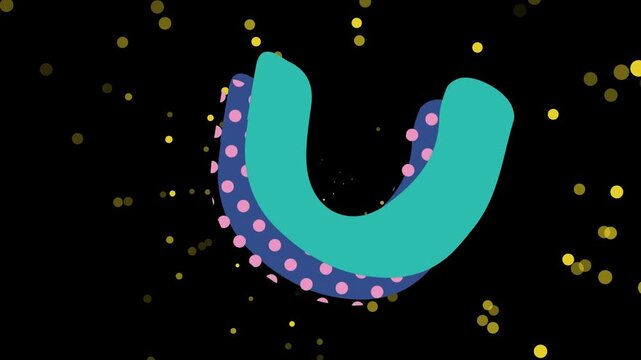 Animation of yellow dots and blue u shape moving on black background