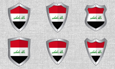Obraz premium Set of metal shields with the Iraqi flag