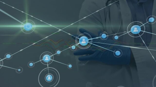 Animation of network of connections with icons over doctor with stethoscope