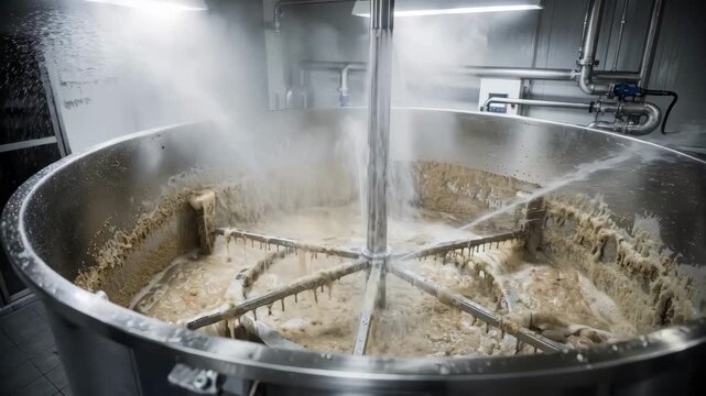 Medium shot capturing hot rinse water sprayed inside the mash tun flushing residues from walls and rakes with steam rising in a sterile environment.