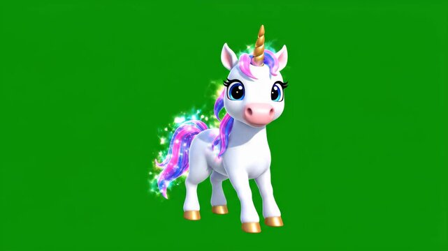 Animated cartoon unicorn with rainbow mane and tail against green screen,fantasy creature,fairy tale,kid friendly,isolated