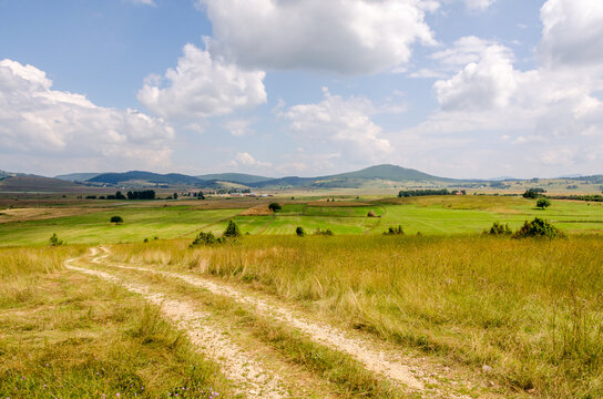 Rural landscape with dirt road across green fields and rolling hills under blue sky with clouds, peaceful countryside scenery suitable for travel, agriculture and nature concepts.