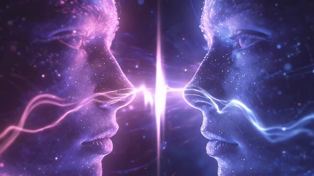 Profile of two cosmic faces connecting with spiritual energy light