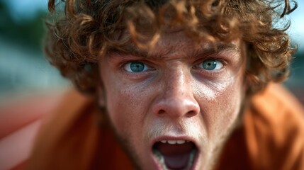 A dramatic close-up of a fierce athlete with curly hair, shouting with intense focus and determination, ready to conquer the track and give their best performance in a race.