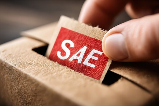 Hand Placing SAE in Cardboard Box with Focus on Red Label
