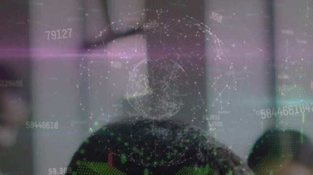 Animation of globe and data processing over lights over fit man running