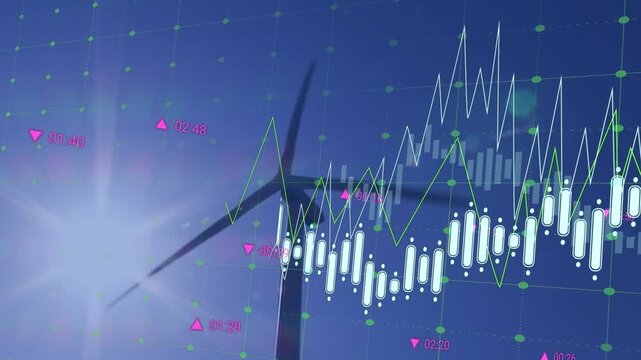 Animation of statistics and financial data processing over wind turbine in countryside