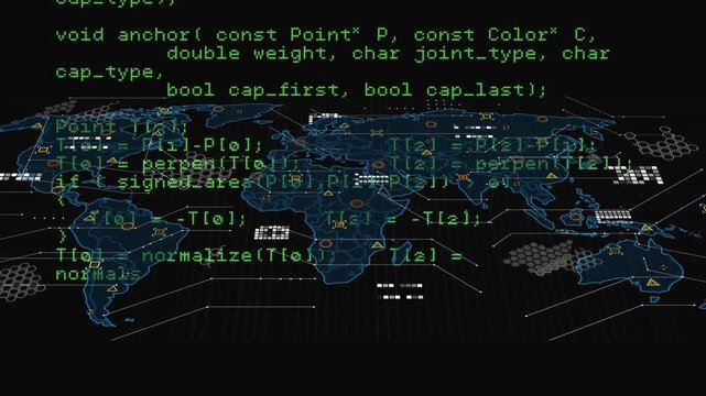Animation of data processing over world map on black background