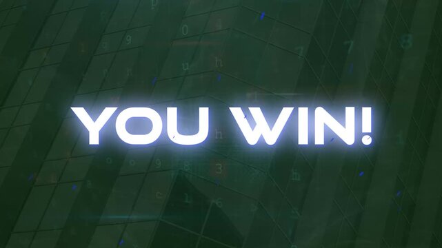 Animation of you win text and cyber attack warning over modern building
