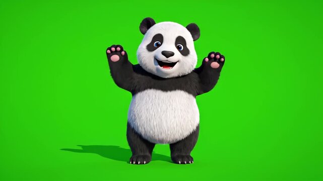Animated panda character greeting on green screen background for keying and visual effects compositing stock footage