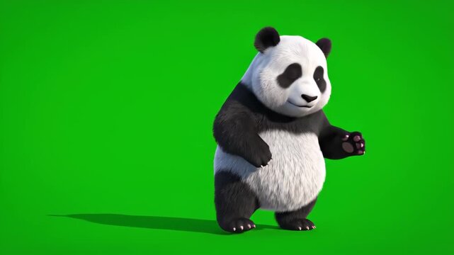 Animated panda character standing and waving isolated on green screen for keying and compositing engaging animal animation and cartoon footage