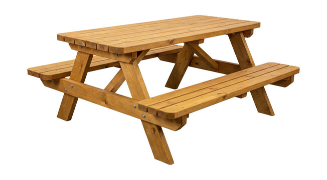 Traditional picnic table set with attached benches, constructed from treated wood.